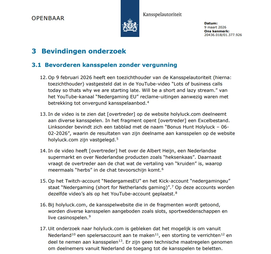 Ksa-besluit uit maart 2026 over onderzoek naar holyluck.com
