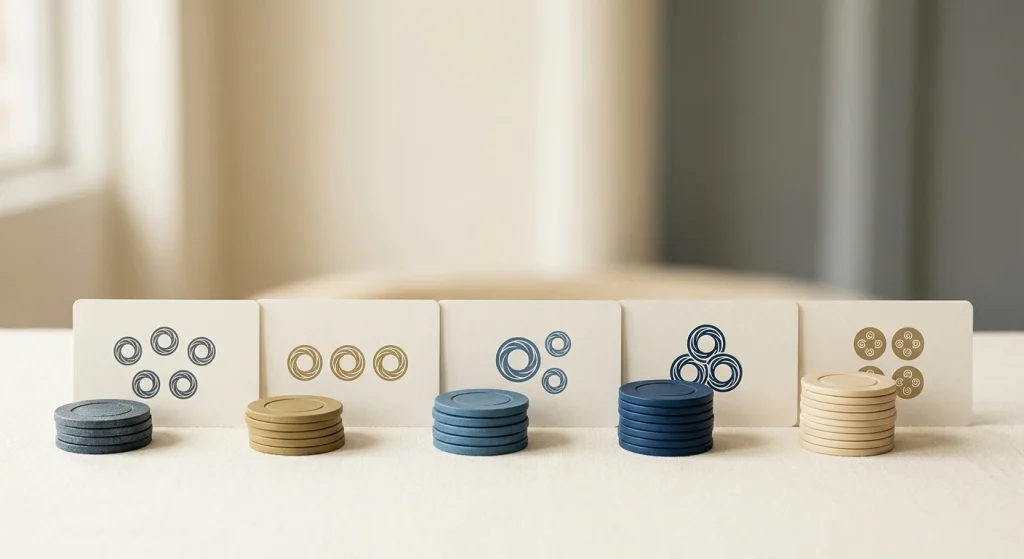 Abstracte illustratie van een casinobonus met kaarten, fiches en free-spin-symboliek zonder bedragen of merklogo
