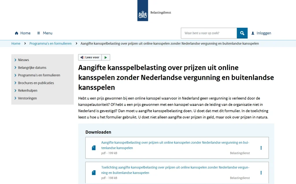 Actuele Belastingdienst-pagina met de regels voor kansspelbelasting bij online kansspelen